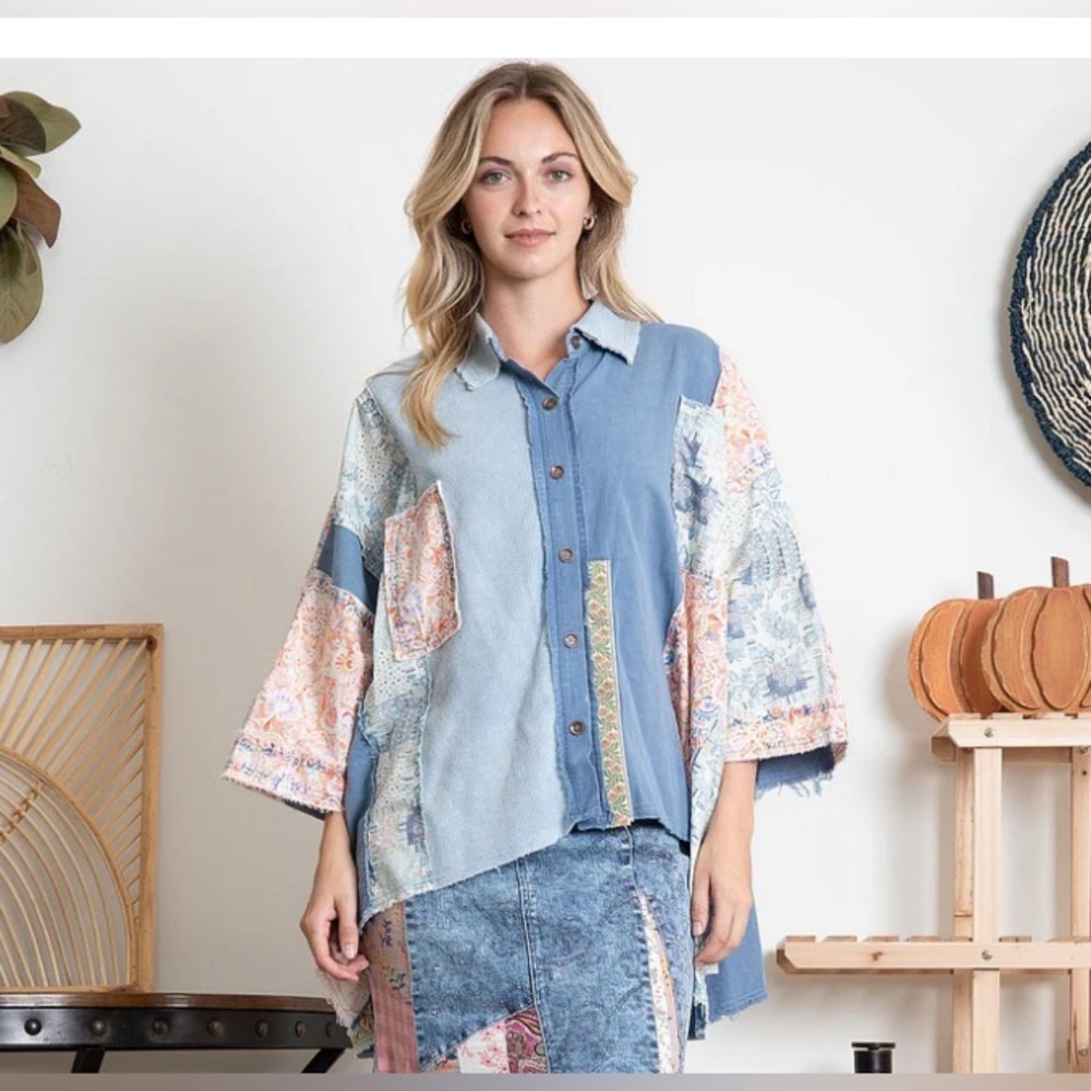 Patchwork Denim Button-Up Top - image 1